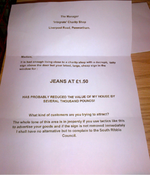 To think the person who wrote this nasty anonymous letter is a selfish idiot?