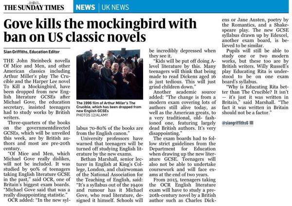 Gove kills the mockingbird with ban on US classic novels ...what do you think?