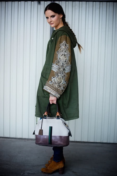 army green long length parka jacket with embroidered pattern on sleeves. Please help me find it....
