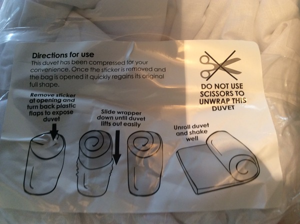 Duvet unwrapping instructions?  Really?