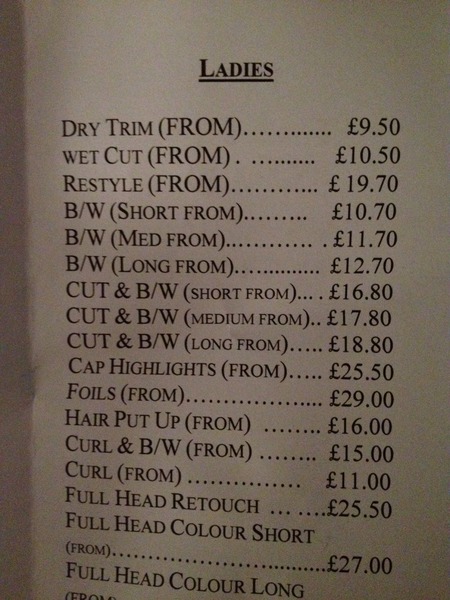 What does this mean? Hairdresser price list confusion.
