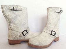 White crackled/distressed leather biker boots