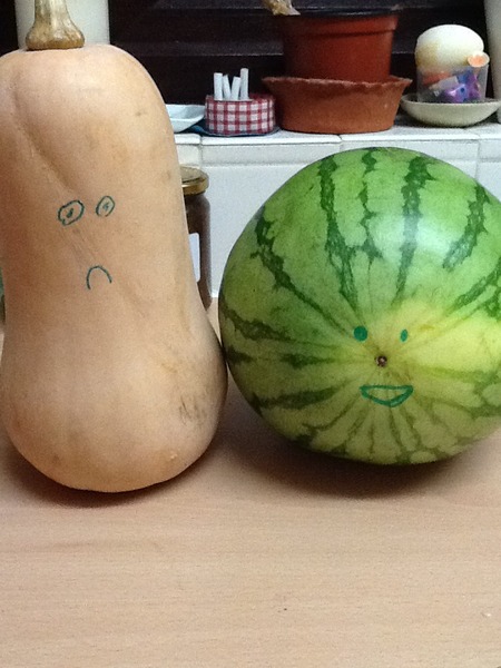 I bought a squash and a watermelon but my son has drawn faces on them and called them Malcolm and Graham!
