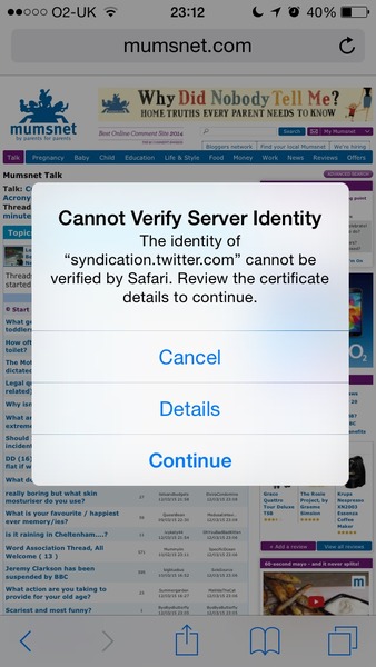 Another weird error message on Safari - Twitter connected, but I don't have Twitter?