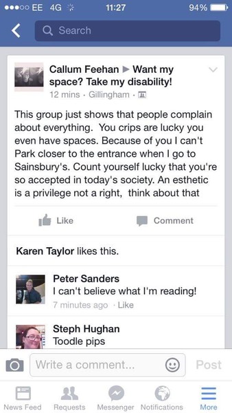 to be shocked by this response (pushchair/disabled/facebook related sorry)