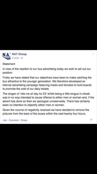 Bus company uses naked woman and 'Ride me all day for £3' slogan on back of their buses
