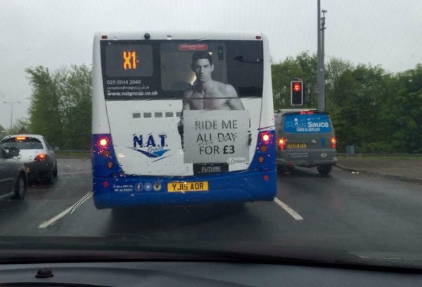 Bus company uses naked woman and 'Ride me all day for £3' slogan on back of their buses