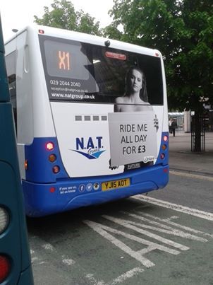 Bus company uses naked woman and 'Ride me all day for £3' slogan on back of their buses