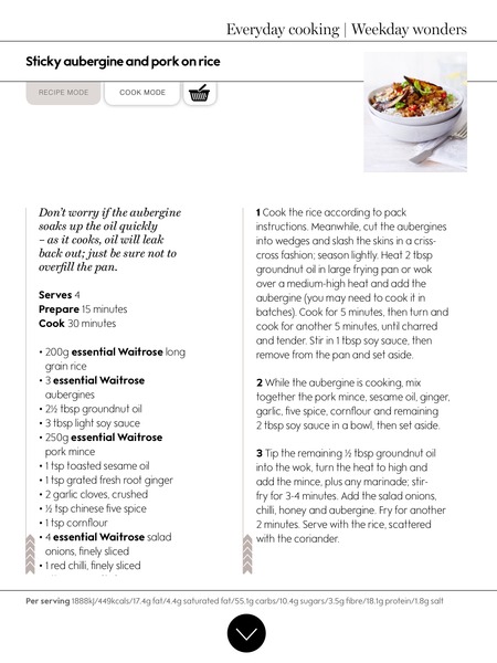Sticky aubergine & pork Waitrose recipe