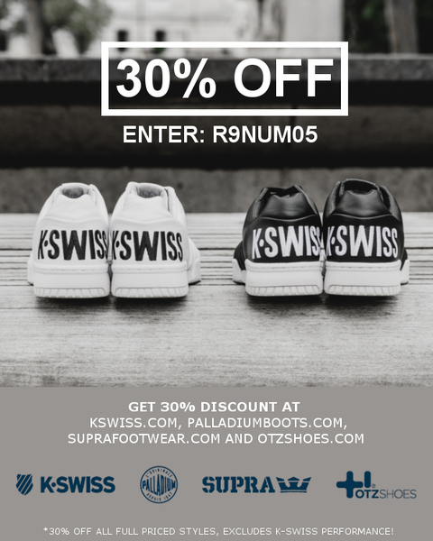 30% DISCOUNT AT KSWISS, PALLADIUMBOOTS, SUPRAFOOTWEAR, AND OTZSHOES.COM