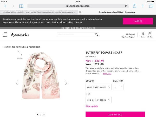 I could do with some help - scarf for DM Christmas present - specific requirements.