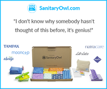 Period subscription service! Sanitary Owl delivers 
your tampons, pads and liners through your door in one bespoke box!