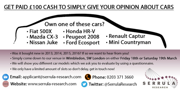 Get paid £100 cash to take part in our new car market research event