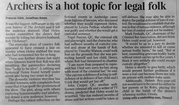 Rob - dead? No, no, he's, er, resting. He's just pining for the Canadian plains. As Helen is taken into custardy, discuss the Archers here.