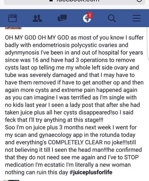 Stop the press!! Juice Plus, CURES endimitriosis, polycystic ovaries and REVERSES severe tube damage!