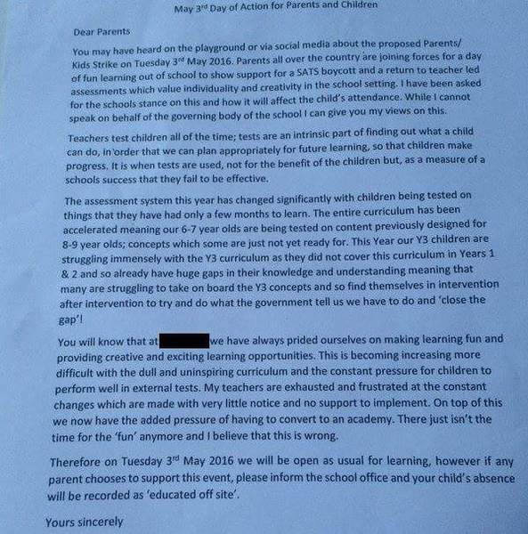 Parents support teachers - Boycott Sats - Kids' Strike May 3rd