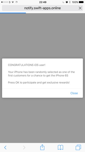 Mobile site on iOS diverting to dodgy pop-ups