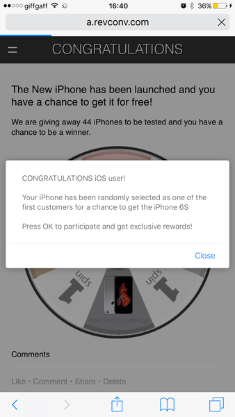 Mobile site on iOS diverting to dodgy pop-ups