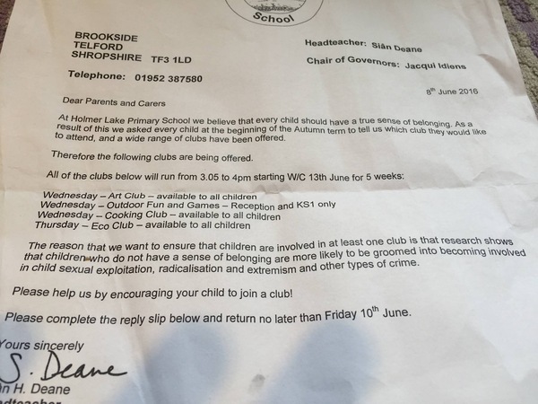 To think this letter is scaremongering primary school parents!