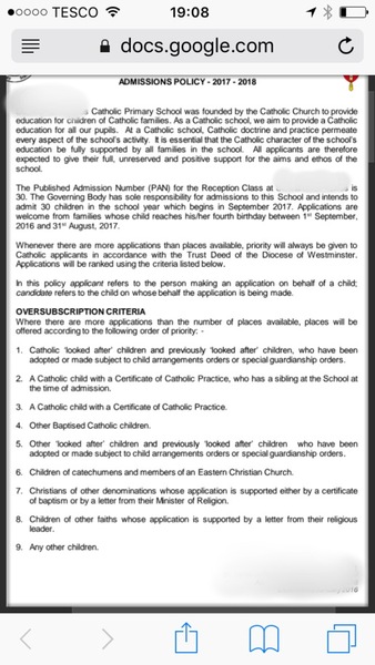 Future sibling admissions point for rare non-Catholic in Catholic primary school