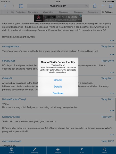 "Cannot verify server identity" - fiat ad