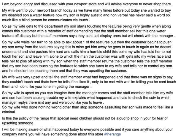 To have just read this and want to bring it to the attention of everyone in the hope The Range apologise and fix this.