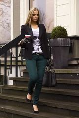 What colour top with forest green jeans?
