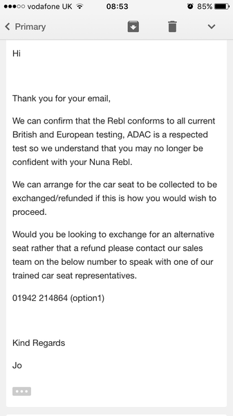 Nuna Rebl fails ADAC test