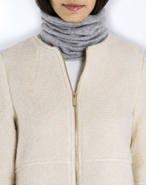 Grey fur collarless jacket...neck feels cold