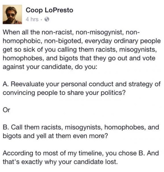 To seriously wonder what it will take for the Left to realise hurling insults at their core voters won't win votes?