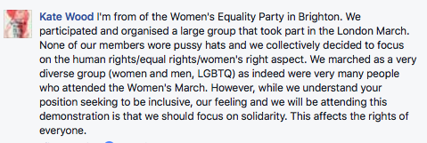 Brighton libfems attempting to ban women from wearing pussy hats on Trump demo