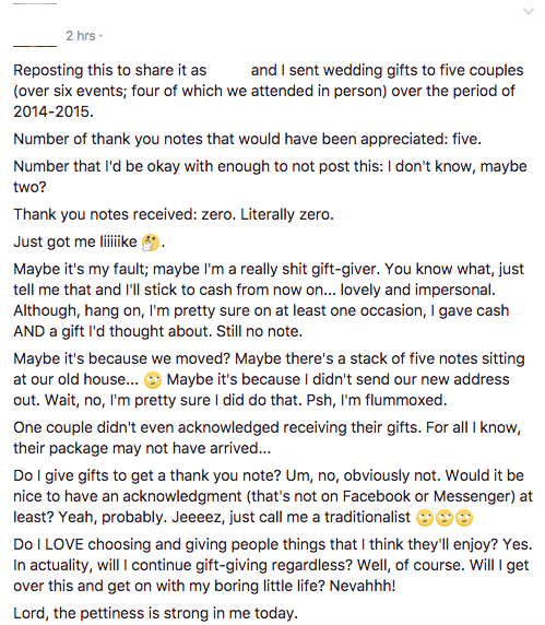 to think that being aggressive so publicly is as bad as poor etiquette? (Fair warning: Facebook related)