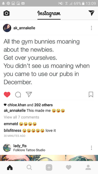 To be annoyed at all the january gym goers.