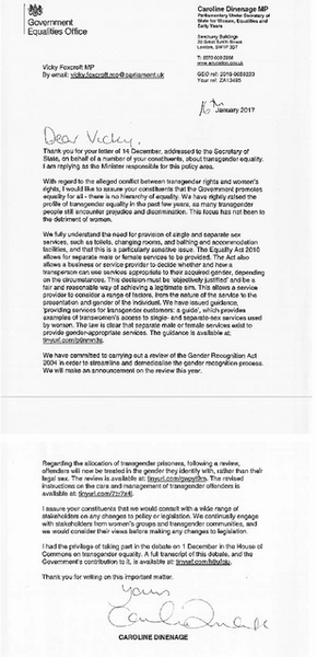 Response from my MP re MM's gender identity bill