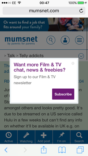 'Subscribe' box in tv addicts - cannot close it