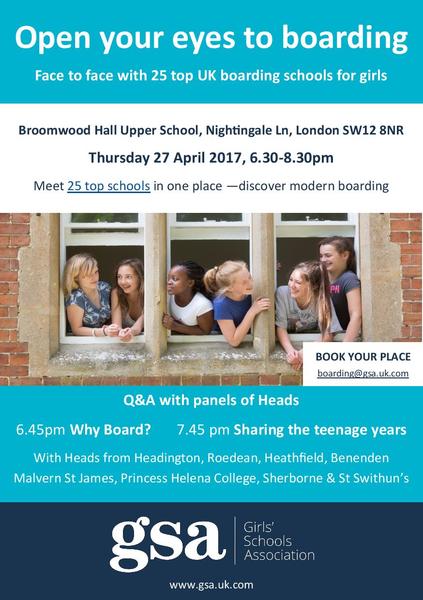 Girls' Schools Association 'Open Your Eyes to Boarding' event comes to Balham on Thurs. 27 April 2017 (6.30pm-8.30pm).