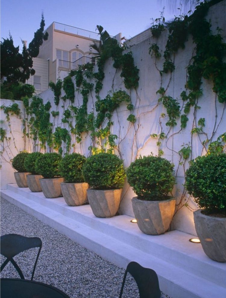 10 stone planters standing in a row...