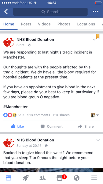 To ask people who are O- near Manchester to go and give blood