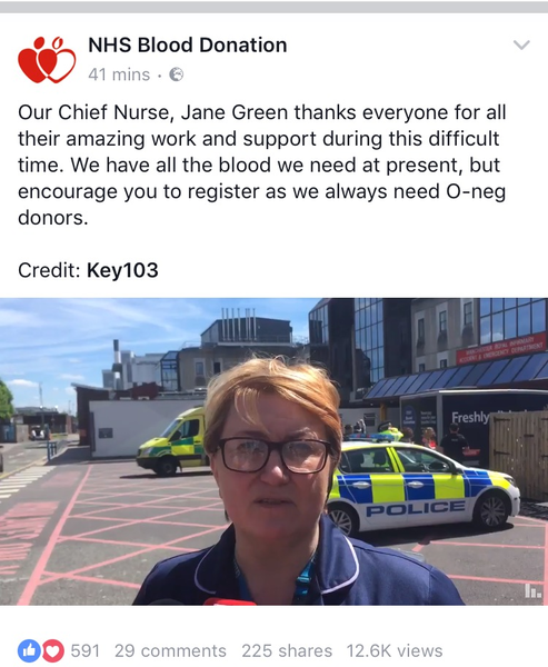 To ask people who are O- near Manchester to go and give blood
