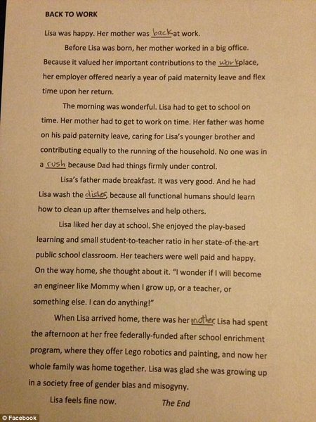 "Mum goes viral for re-writing daughter's sexist homework"