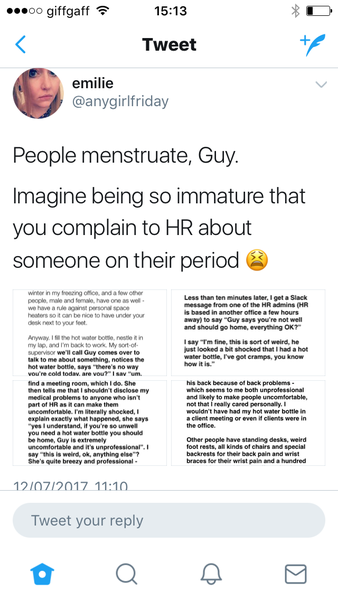 To be furious for being called out for menstruating at work?