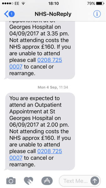 Text telling me about a hospital appointment