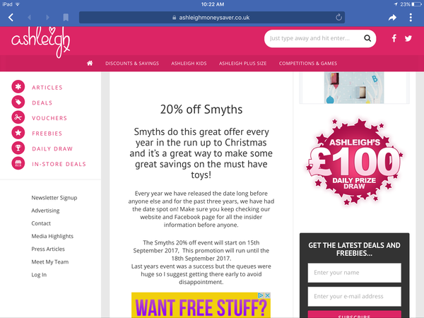 Smyths 20% off sale starts 15th September!
