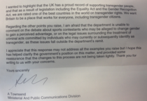 Gender Recognition Act letter - response from Justine Greening