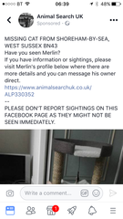 Missing poorly cat in Shoreham