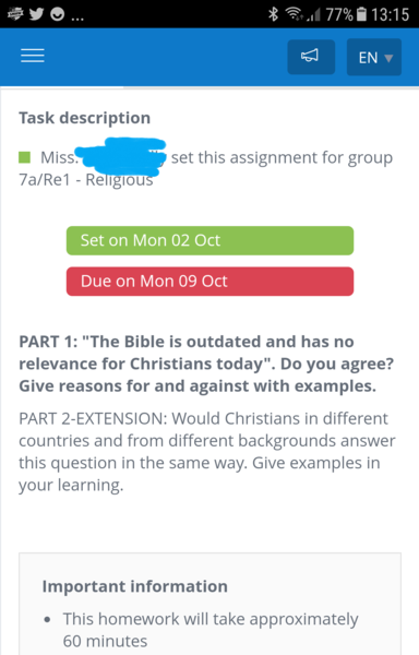 Year 7 RE homework