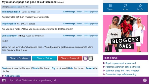 My mumsnet page has gone all old fashioned