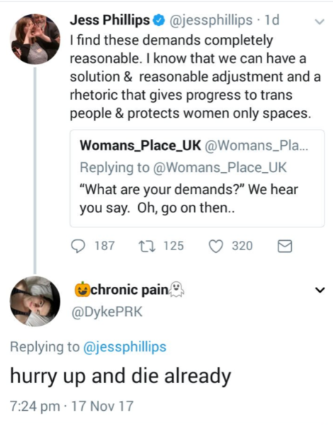 Labour MP Jess Phillips being attacked on Twitter for her reasonable approach to gender bill