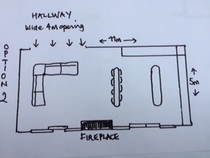 Pictures attached. Where to put fireplace and orientate sofas in large kitchen/dining/living