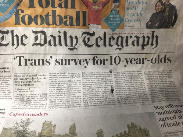 Headline of Telegraph re ‘trans’ children